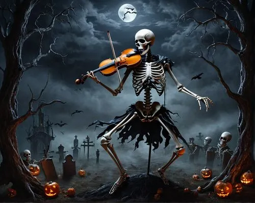Danse Macabre: According to legend, Death appears at midnight every year on Halloween. Death calls forth the dead from their graves to dance for him while he plays his fiddle (here represented by a so