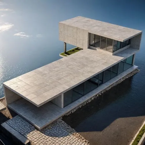 Piensa como un experto en arquitectura hitech y deconstructivista y genera una mejora del proyecto en un entorno totalmente urbano.,an unusual architecture sits on top of a lake,house by the water,dun