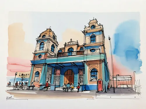 Costa Rica,facade painting,watercolor shops,church painting,watercolor cafe,minor basilica,madras,watercolor sketch,watercolor,beautiful buildings,watercolor tea shop,watercolors,colorful facade,frenc
