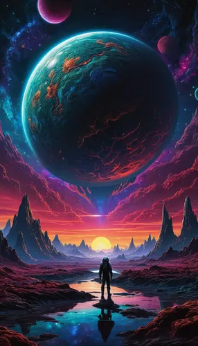 by dan mumford, alien world, deeply vibrant world, centered, symmetry, painted, intricate, sci fi, volumetric lighting, beautiful, rich deep colors masterpiece, sharp focus, ultra detailed, astrophoto