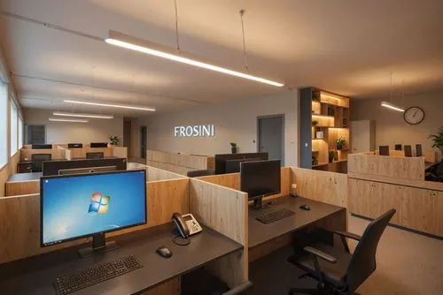 the cubicle is made of wooden paneling with windows,modern office,computer room,offices,blur office background,assay office,conference room,desk,office,study room,desks,consulting room,working space,c