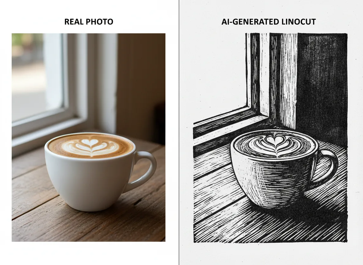 कॉफी कप की एक वास्तविक तस्वीर और उसके AI-जनित लिनोकट संस्करण को दिखाते हुए अगल-बगल की तुलना।