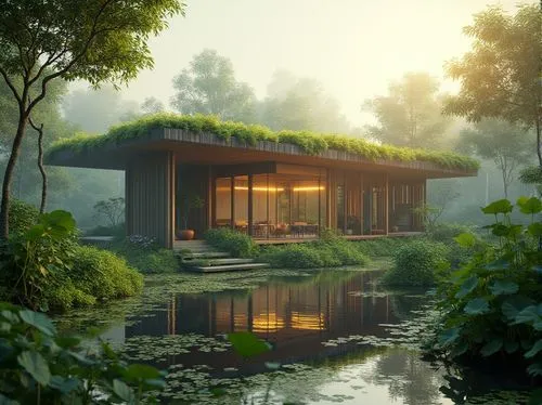 Ecological wetland architecture, sustainable building, modern design, green roof, solar panels, rainwater harvesting system, recycled materials, natural ventilation, energy-efficient systems, lush veg
