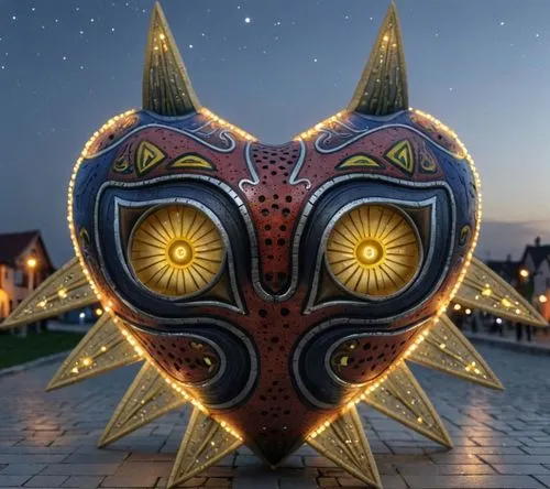 a heart shaped statue with lights in the eyes,venetian mask,masquerade,golden mask,masquerading,mask,unmask,gold mask,light mask,masqueraders,masque,with the mask,hanging mask,party mask,skull mask,tr