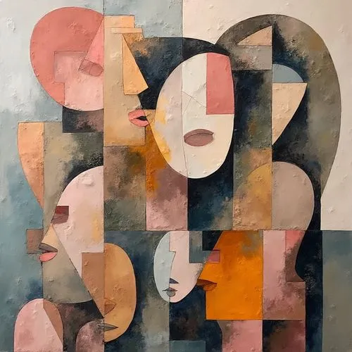 Abstract artwork composed of many layered, geometric shapes and forms.  Various colors, including muted pinks, oranges, blues, and yellows, are used in a segmented, mosaic-like pattern.  The shapes ar