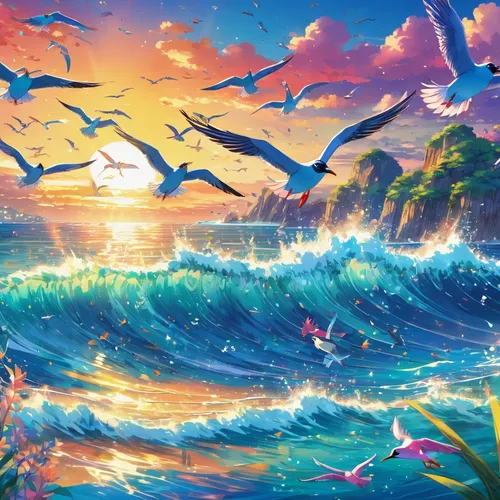 Imagine a painting of vibrant seabirds diving into the sparkling sea.,sea birds,birds of the sea,ocean background,dolphin background,migratory birds,seabirds,tropical birds,sea landscape,water birds,o