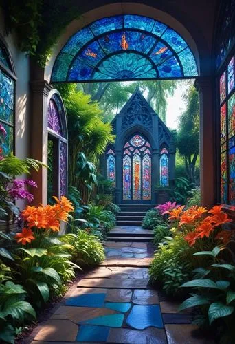 a walkway leading to a garden with brightly colored windows,conservatory,winter garden,tunnel of plants,stained glass windows,stained glass,dandelion hall,aquarium,arbor,greenhouse,garden of plants,fo