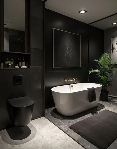 
A stylish industrial-style bathroom with a warm and cosy atmosphere. The walls are made of brick and concrete, which are complemented by dark wood inserts and black metal fittings. The floor has text