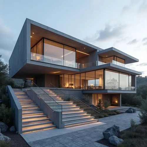 A hyper-realistic, high-resolution architectural photograph capturing a striking, multi-level contemporary home constructed primarily from smooth, exposed concrete. The design is characterized by dram