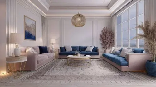 A modern urban cityscape with sleek buildings, vibrant neon lights, and people walking beneath a clear sky at dusk.,modern, stylish living room decorated in blue and pink,apartment lounge,living room,