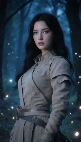 Moonlit Ranger

A quiet, ethereal ranger in pale suede leathers that reflect moonlight. Long black hair, pale skin, silver‑blue eyes. She stands in a glowing night forest, fireflies drifting around he
