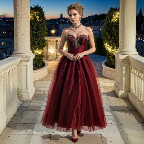 enhance the features on the dress and make the model's face clearer,a woman in a tulle deep red maxi evening dress,evening dress,red gown,ball gown,a floor-length dress,ballgown,elegant,man in red dre