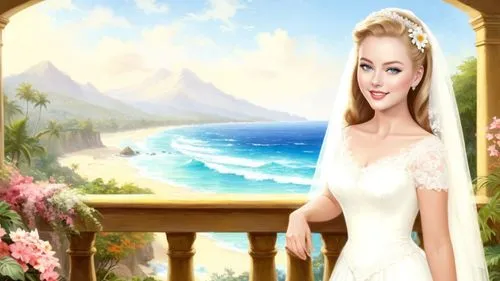 Romantic masterpiece oil painting, 1950's kitsch style, Hawaiian beach balcony, bridal veil, high res, by Thomas Kinkade, by Bob Ross,a digital illustration of the bride wearing a wedding gown in fron