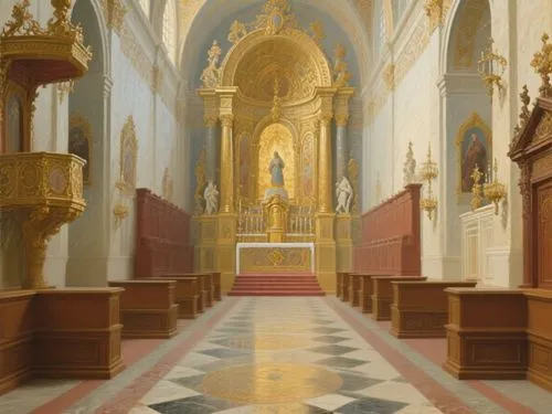 把画中人物去掉,a room filled with golden and white walls,church painting,sacristy,basilica,cathedral,baroque monastery church,aisle,reredos,collegiate basilica,minor basilica,transept,evangelical cathedral,t