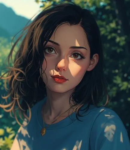 a portrait anime of a beautiful  girl 24 years old, her big brown eyes are open and looking over her left shoulder, she has red lips with black eyeshadow, she wearing a blue top. The background is fil