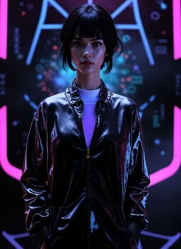 a woman in a black shiny jacket standing near an abstract neon background,synthetic,futuristic,tron,cyberpunk,neon,jacket,neon sign,cyberpunks,neon light,operator,vector girl,pink vector,ultraviolet,v