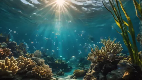 Under the sunlight, underwater bubbles are rising continuously,underwater landscape,ocean underwater,underwater background,sea life underwater,ocean floor,underwater oasis,coral reefs,underwater world