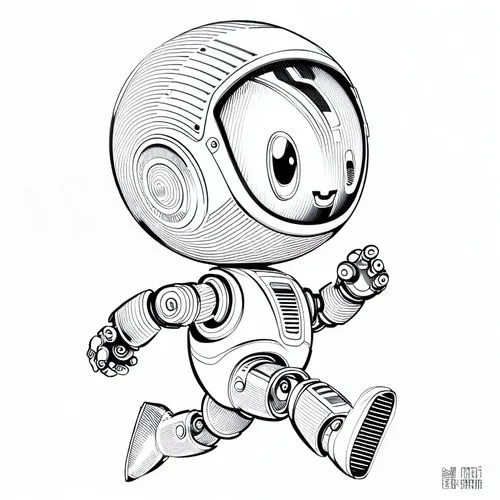 Black and white drawing, Cute running robot, white background, for coloring, single strokes, vector drawing style, line art.,spacesuit,cosmonaut,space-suit,robot in space,spaceman,aquanaut,space suit,