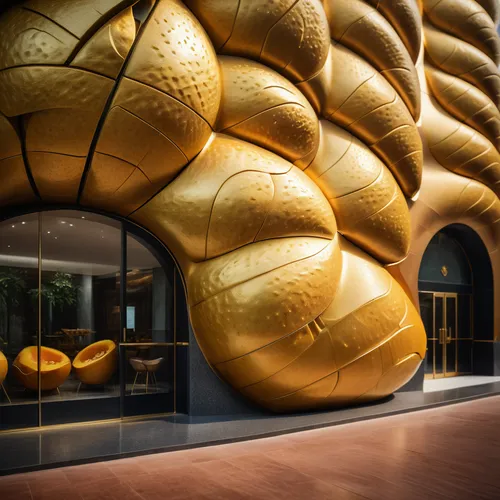 Design a commercial complex with a facade resembling the texture and shape of mangoes, incorporating curved elements and golden hues,soumaya museum,gold wall,gold and black balloons,casa fuster hotel,