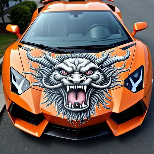 a sports car painted with an artistic dragon design,roaring,open hunting car,to roar,roar,tribal bull,racing machine