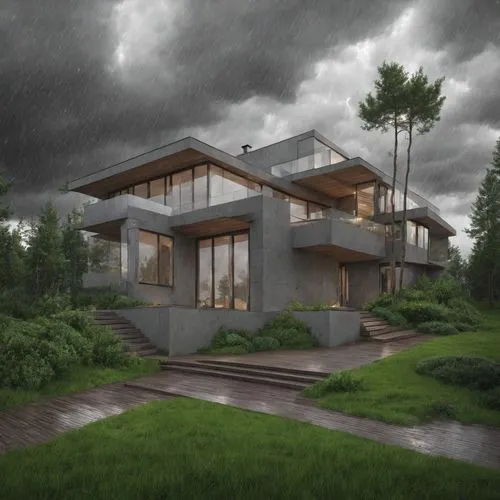  ,a house with stairs on a cloudy day,modern house,3d rendering,modern architecture,cubic house,mid century house,house in the forest,Weather,Torrential Rain