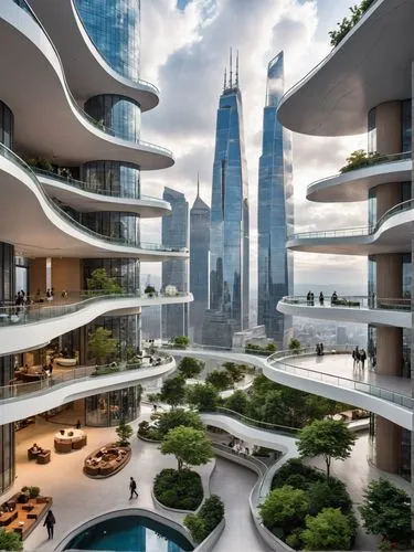 A futuristic commercial plaza in the heart of a metropolitan skyline, featuring interconnected, hovering walkways that allow visitors to glide effortlessly between towering skyscrapers. The buildings 