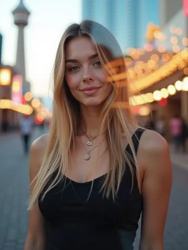 a stunning photograph of a beautiful young caucasian woman 23 years old with long blonde hair and brown eyes, wearing a black dress whit neckline and a necklace the long hair flowing for her shoulder