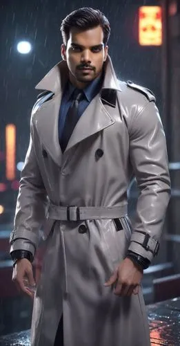 "A rugged muscular man with slicked-back blond hair wearing a long black leather trench coat. He is standing on a rainy rooftop at night. His face is calm and serious. He wears shiny red-tinted sungla