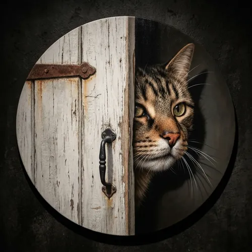 Round 3D Anamorphic Illusion, create the illusion that characters or objects are extending out of the screen toward viewers, one half part of the painting is an old white wooden door board, the other 