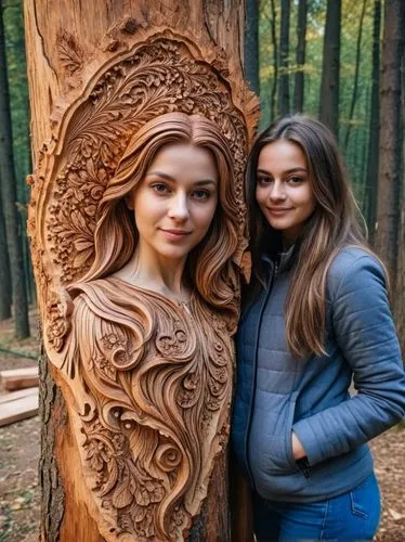 I am Marianne, a woodcarver from Oberammergau in Bavaria, this is my self-portrait in wood, I hope you like it.,a couple of women standing next to a tree,wood angels,wood carving,wood art,woodcarving,