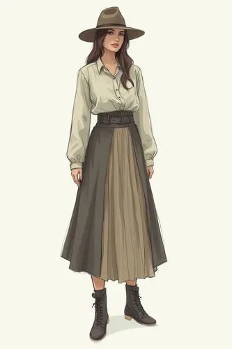 Fashion sketch of a model wearing a pleated long skirt and a shirt, with a military-inspired look including a hat and boots.


,the young woman is wearing a long brown skirt and hat,country dress,hanb