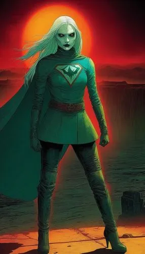 COMIC STYLE, COMIC ART, CREATIVE COMIC STYLE, COLORFUL COMIC ARTWORK WITH creepy ELEMENTS,the character is wearing a green outfit and standing on a cliff,patrol,woman frog,evil woman,green aurora,aven