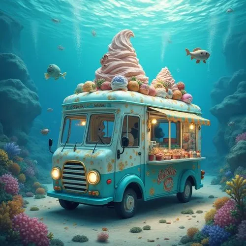 a food truck is driving under the water,ice cream van,under sea,under the sea,ice cream stand,ice cream shop,ice cream cart,water bus,aquarium,food truck,ice cream,coral reef,underwater background,oce