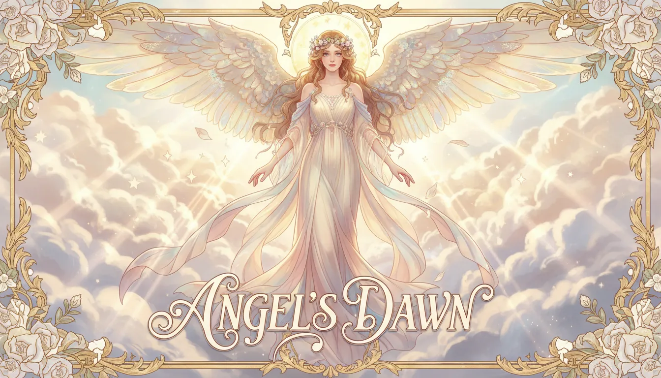 Un bellissimo poster Angelcore creato con PromeAI, che mostra una figura serena con ali delicate su uno sfondo di cielo soffice e nuvoloso con luce dorata.