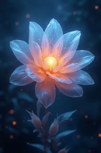 A space flower, transparent, with a Universe within.,a light on top of a white flower in blue water,flower of water-lily,water lily,water lily flower,waterlily,water lotus,water flower,pond flower,cos