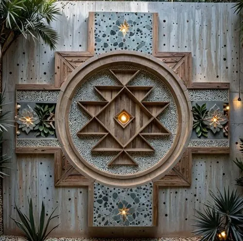 wooden decorations are arranged in a wall on an outside wall,patterned wood decoration,mandala,garden decor,advent decoration,frame ornaments,star garland,circular ornament,garden door,wall panel,wall