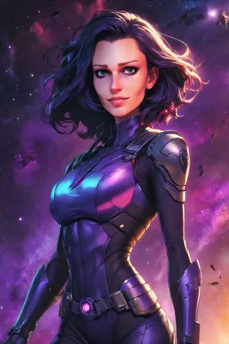 RAVEN OF TEEN TITANS in space, realistic, octane, artstation, detailed, trending on artstation, --w 750 --h 750,nova,symetra,avenger,widowmaker,purple,black widow,cg artwork,purple background,head wom