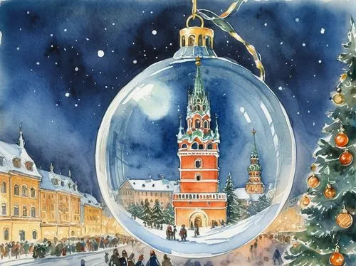 Watercolor drawing of the Spasskaya Tower in a transparent ball that hangs on a Christmas tree decorated with glowing garlands,an illustrated christmas card with a snow globe and watercolor illustrati