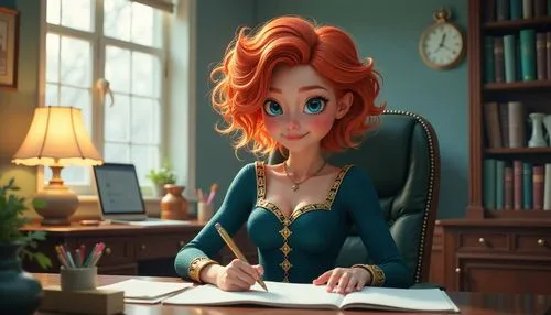 Princess Merida sitting behind a desk in an office, a masterpiece, short blonde hair, toned body, hyperrealistic, Foto, 8k resolution, dynamic lighting, hyperdetailed, intricately detailed,  volumetri