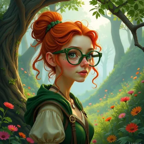 Female hobbit with curly orange locks, pulled up in a whimsical updo, large green spectacles perched on the end of her nose, with matching green freckles dotting her cheeks and nose, in a serene, myst