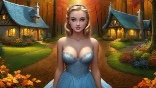 Romantic masterpiece oil painting, cute girl portrait, nostalgic 1950's style kitsch, breathtaking beautiful Autumn woods landscape, mystifying majestic fantasy forest park scenery, hidden medieval co