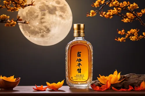 Photography, Realistic Photo, Chinese middle autumn festival, product display scene, a bottle in the middle, moon in the back, in the style of ink, white background, golden light, product view,japanes