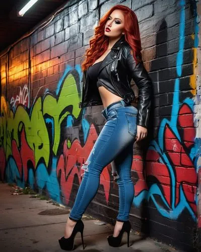 Sexy lady, big booty, curvy figure, long red hair, bold makeup, black leather jacket, ripped jeans, high heels, confident pose, leaning against a graffiti wall, city street, night scene, neon lights r