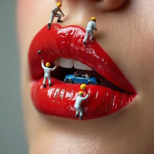 Macro photograph of a pair of glossy red  lips being painted by miniature construction workers, the workers are dressed in white overalls and hard hats, some using paint rollers and brushes, others op