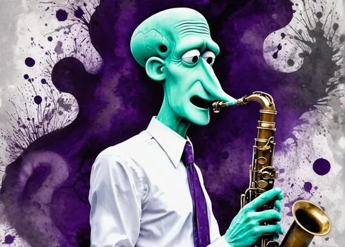 Squidward Tentacles, abstract background, psychedelic colors, swirling shapes, tentacle-inspired hair, turquoise skin, white shirt with a purple tie, brown pants, holding a clarinet, moody expression,