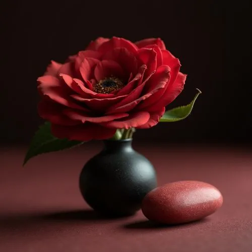 exclusive red chalk stone elegant decoration on table,delicate velvet flower in black vase
,a rose is in a vase beside an egg,rose fruit,still life photography,rose arrangement,rose petals,rose apple,