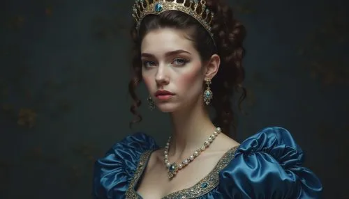 A highly detailed portrait of a young woman, possibly a princess or queen, wearing a rich, dark blue satin gown with gold embroidery and a low, ruffled neckline. Her hair is styled in an elaborate upd