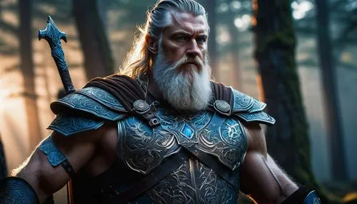 Nordic god Odin, muscular man, facial close-up, detailed beard, piercing blue eyes, intricate tattoos on arms, chest, and back, leather-bound armor, silver brooches, Asgardian sword at side, mysteriou