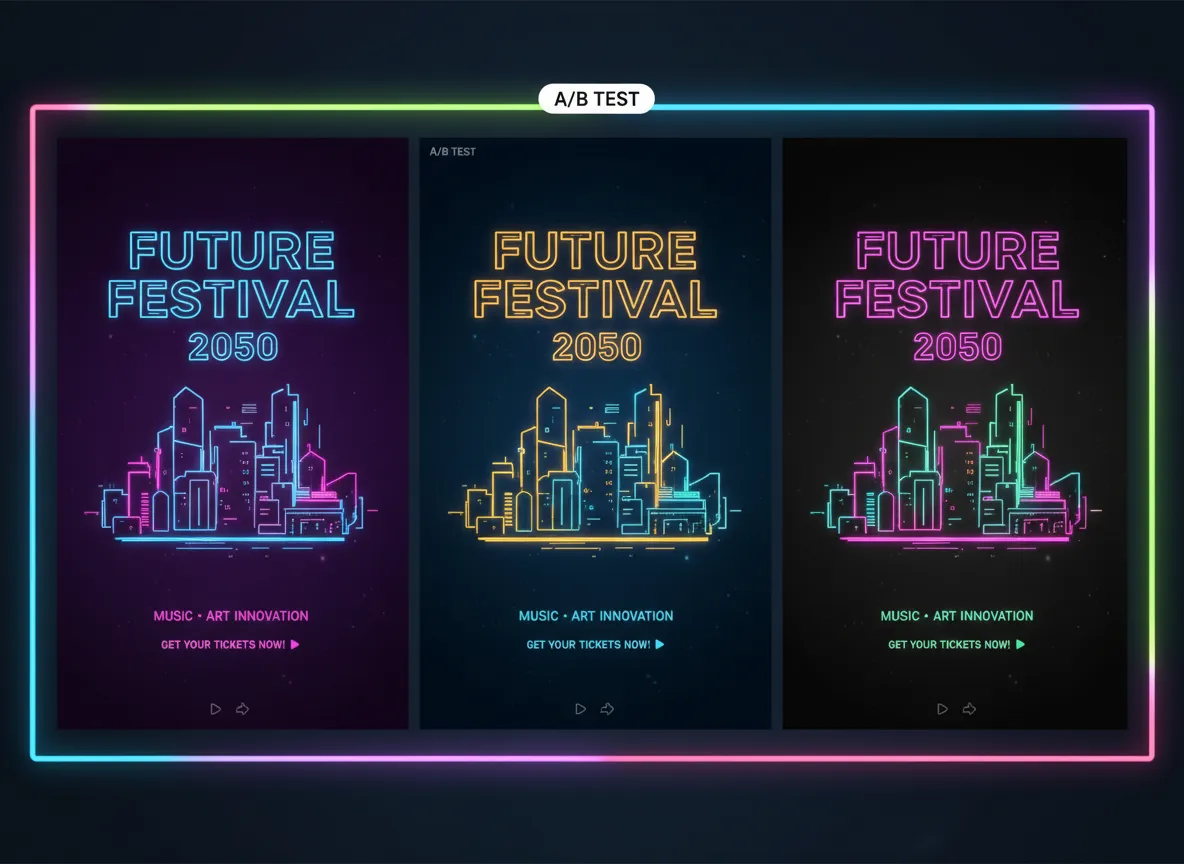 एक विभाजित छवि जो सोशल मीडिया पर A/B परीक्षण के लिए एक ही मार्केटिंग पोस्टर डिज़ाइन को तीन अलग-अलग नियॉन रंग वेरिएशन में दिखाती है।