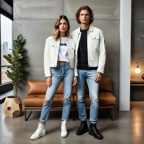 Create a photorealistic portrait of a human gender couple, wife and husband, representing a member of Generation X. The subject should be located in a contemporary living room that embodies quiet luxu